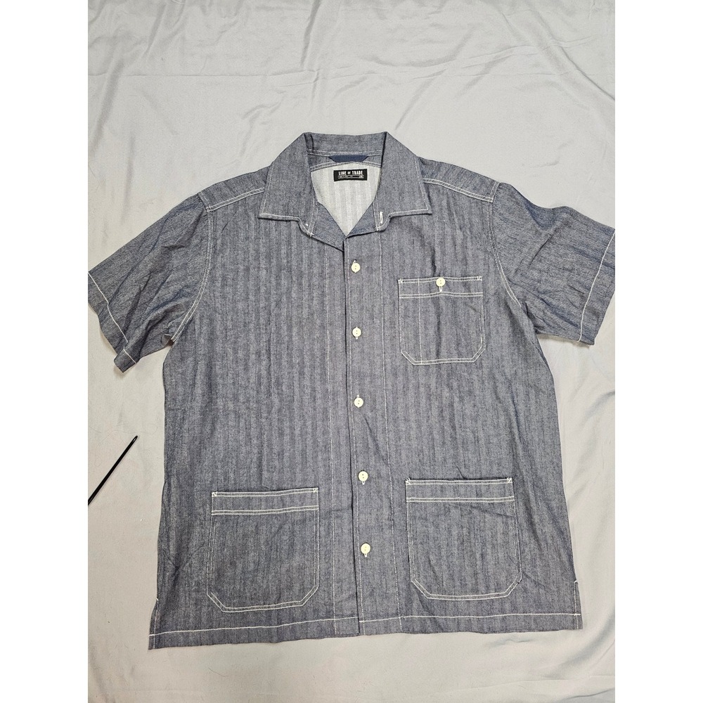 Line of Trade Mens Blue Herringbone Cotton Short Sleeve Camp Shirt Large